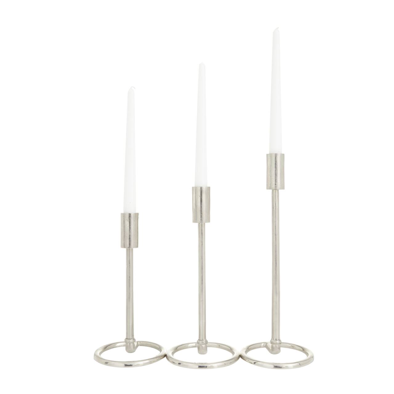 Set of 3 Silver Aluminum Contemporary Candle Holders, 14&#x22; x 5&#x22; x 5&#x22;
